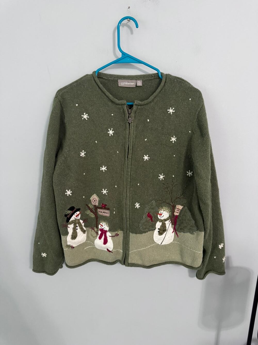 Croft & Barrow Full Zip Cardigan Sweater Christmas Winter Snowmen Petite Size XL